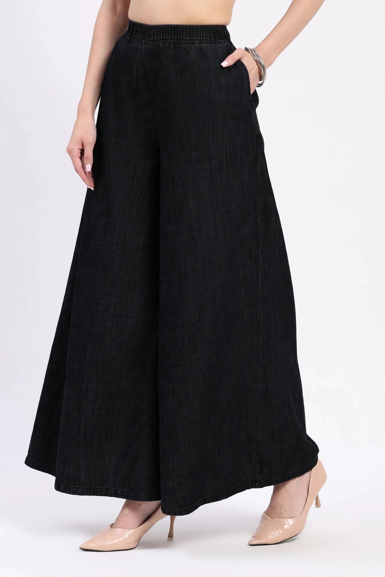 High-Rise Wide Leg Elasticated Denim Palazzo Jeans